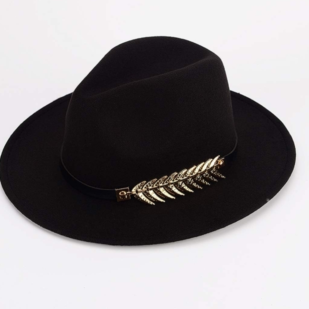 VINTAGE Women's Black Felt Gold Metal Feather Fedora Hat